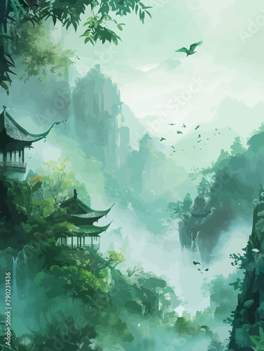 a painting of a forest with a waterfall and pagodas