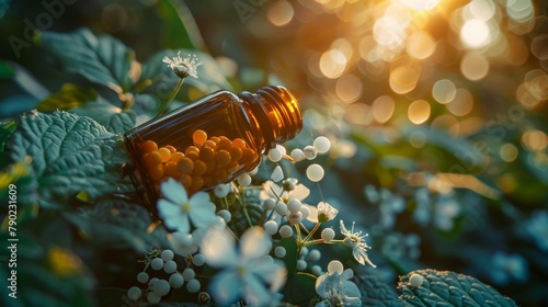 Bottles with homeopathic globules and medicine herbs on natural blurred background. Alternative medicine practices concept. Healthy life. Generative ai photo