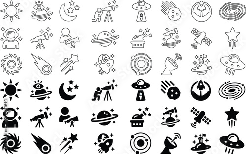 Astronomy Icons. Space Icons set. Telescope, astronaut, observatory, cosmonaut, station, satellite, planets, sun, stars, rocket, spaceship. Line and flat vector