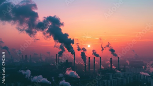 Sunrise over the cityscape with industrial smokestacks emitting plumes, a stark reminder of environmental impact photo