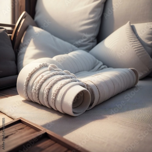 A cozy outdoor seating area with plush pillows and a rolled-up blanket, inviting relaxation in a warm, sunlit setting.