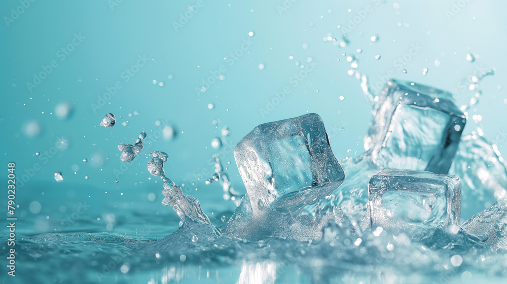 On a blue background, close-up of three ice cubes and water drops On a blue background, close-up of three ice cubes and water drops