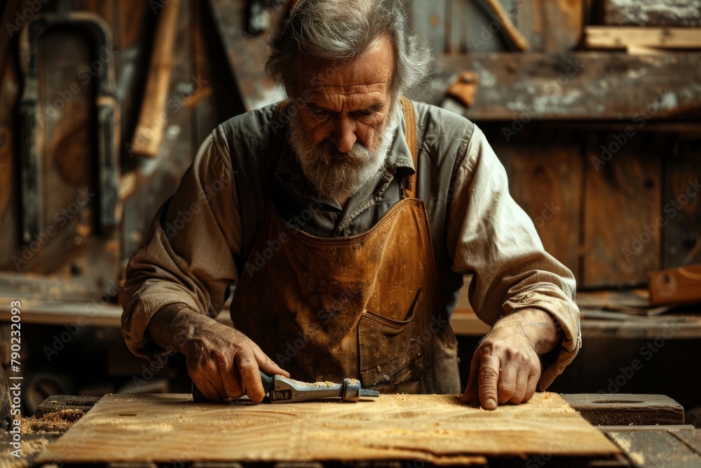 Skilled carpenter working attentively on a wooden piece in his workshop Skilled carpenter working attentively on a wooden piece in his workshop