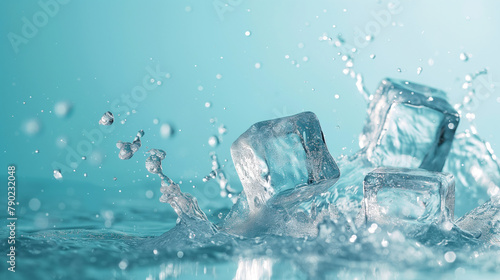 On a blue background, close-up of three ice cubes and water drops