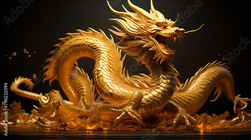 Majestic Chinese golden dragon poised in flight, its scales shimmering under the light, © Amelia Alex