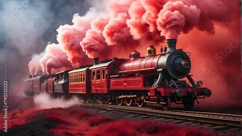 An old-fashioned steam-driven train amid crimson smoke. railroad with narrow gauge. A steam locomotive pulls a cart through smoke, steam, and red flames.