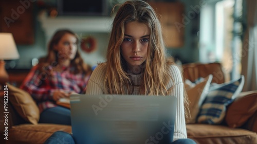Sad Teenage girl sitting with laptop computer at home and ignoring her frustrated mother in background. Internet addiction in kids and adults. Generative ai photo