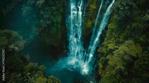 a wonderful landscape of a huge waterfall from a bird's eye view, a picture made by artificial intelligence