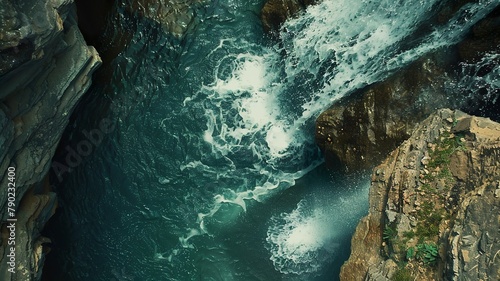 a wonderful landscape of a huge waterfall from a bird's eye view, a picture made by artificial intelligence
