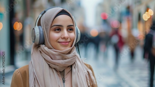 portrait of a beautiful muslim woman in hijab with headphones