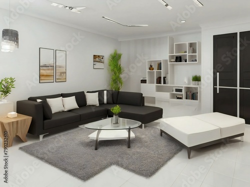 Modern living room interior with a dark brown sectional sofa  white ottoman  glass coffee table  and a gray area rug. White shelves and minimalistic decor enhance the space.