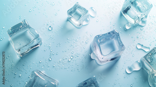 On a blue background, close-up of three ice cubes and water drops