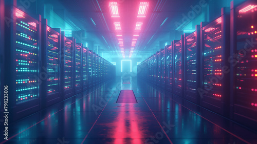 A computer server room with neon lights and rows of servers
