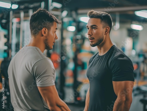 Two men are talking in a gym. One of them is wearing a gray shirt. The other man is wearing a black shirt