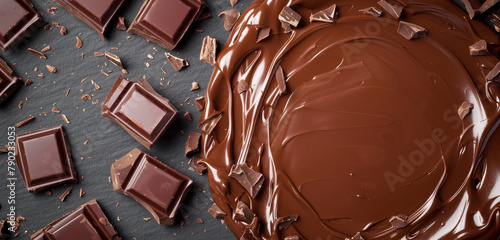 Glossy melted chocolate spread with solid chocolate pieces.