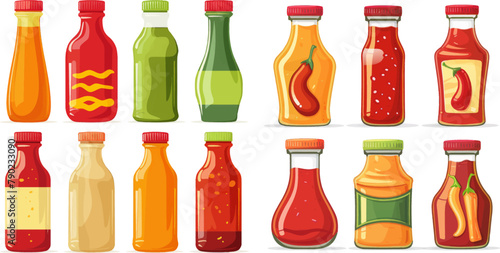 Chili ketchup bottles and jars, wasabi and mustard