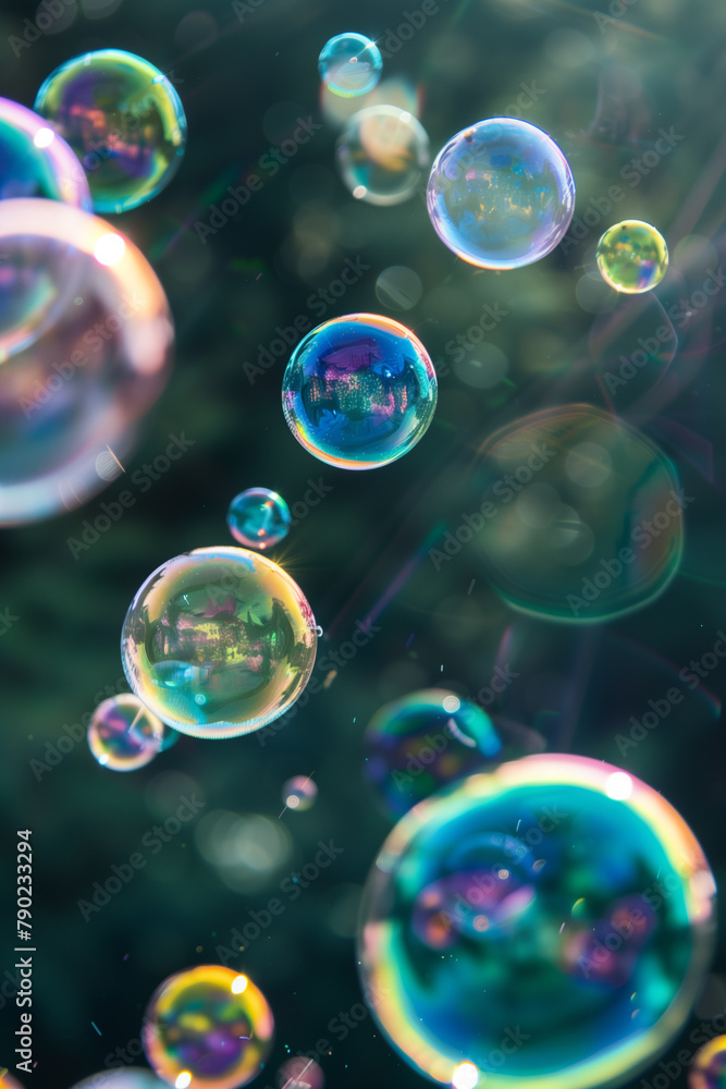 Close-Up Iridescent Soap Bubbles in Sunlight. Close-up image of colorful soap bubbles floating with sunlight reflections, suitable for fun and playful themes.