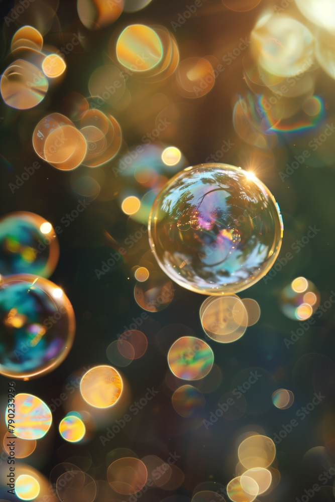 Close-up of iridescent soap bubbles floating with bokeh effects in sunlight, conveying a sense of wonder.