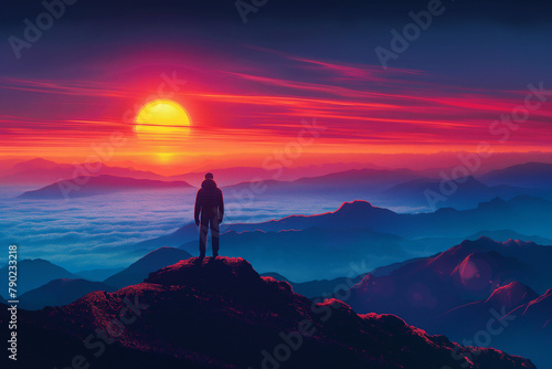 Vibrant minimalistic fantasy sunrise mountaineering low detail climbing under a clear early morning sky