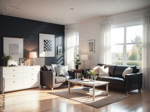 Elegant living room interior with modern furniture, large windows, and artwork on the walls, bathed in natural light.