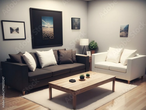 Modern living room interior with a brown sofa  white armchair  wooden coffee table  and framed pictures on the wall.