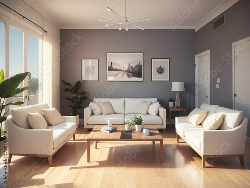 Modern living room with white sofas, wooden floor, and wall art, bathed in natural sunlight. © home 3d