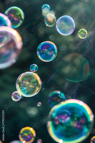 Close-Up Iridescent Soap Bubbles in Sunlight. Close-up image of colorful soap bubbles floating with sunlight reflections, suitable for fun and playful themes.