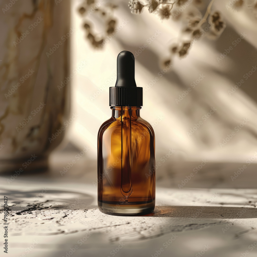 Craft an image focused on an amber serum bottle, ideal for product photography. The bottle should be sleek and elegant, made of amber glass that subtly filters the light.
