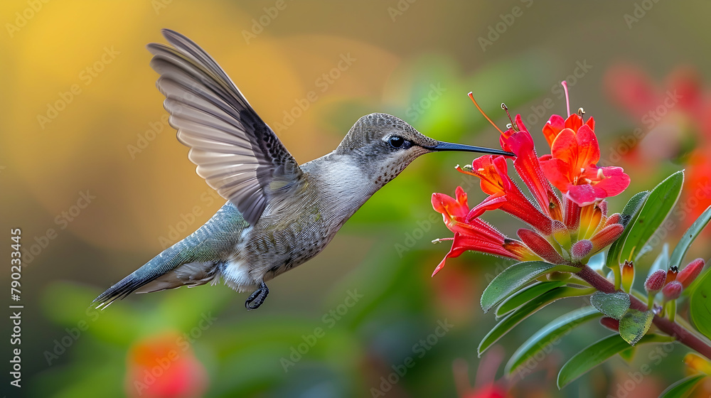 Fototapeta premium A hummingbird feeding on a bright red flower, its wings a blur of motion, captured with high-speed photography to freeze the moment