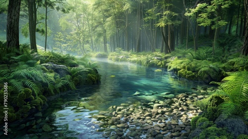 Watercourse flowing through a lush forest with trees, rocks, and plants