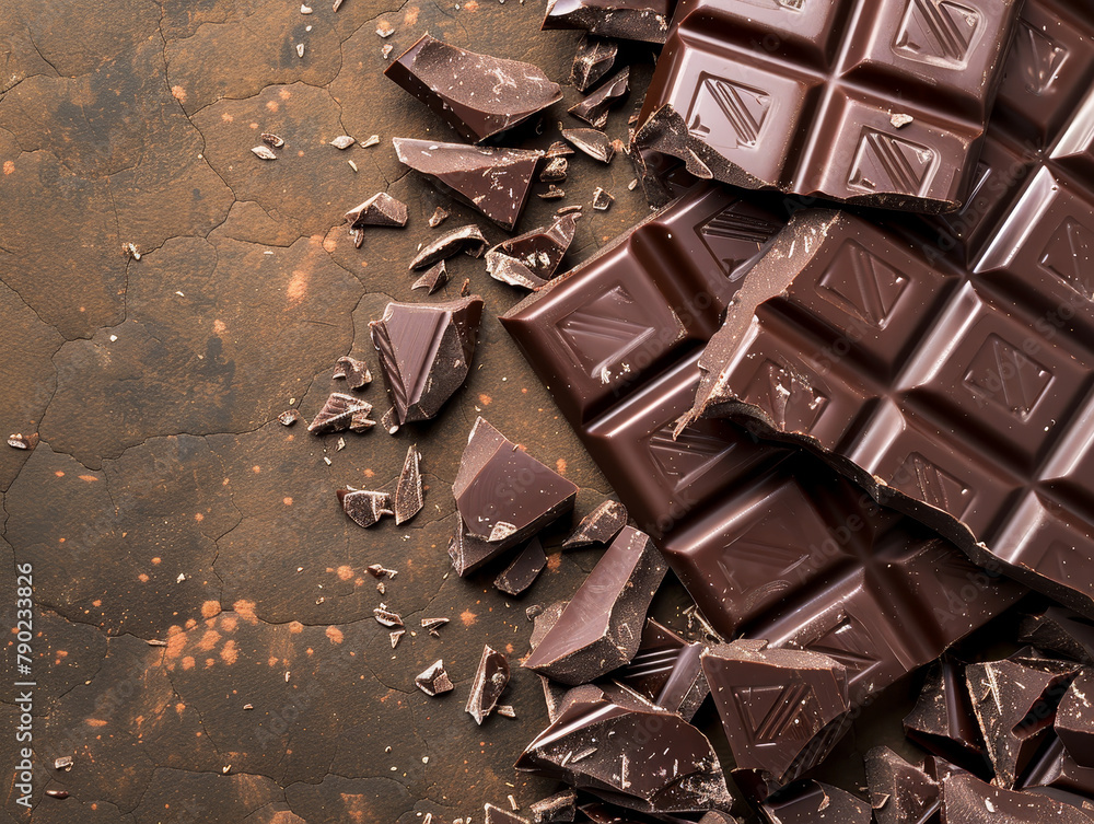 Broken pieces of chocolate on a textured dark surface. Broken pieces of chocolate on a textured dark surface.