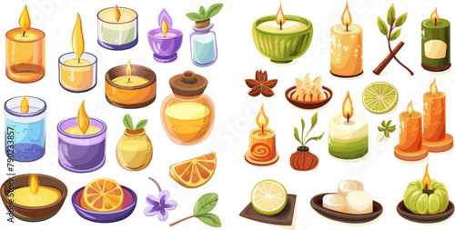 Vector isolated set of aromatherapy candle, cartoon natural illustration