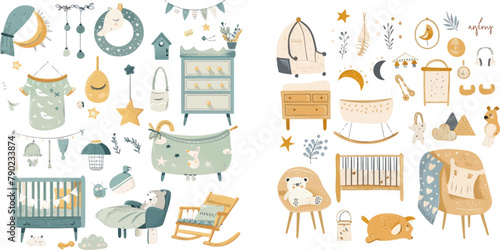  Nursery elements, animal toys, decor, cradles, rattles and newborn accessories in scandinavian
