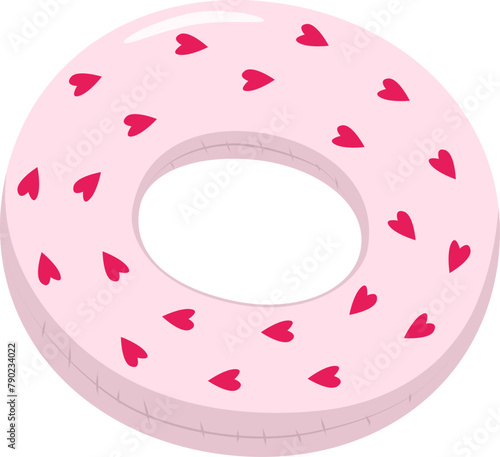 Pink swimming circle with red hearts Cartoon summer elements, travel, beach, summertime accessory. Cocktails, ice cream and exotic fruits vector illustration set. Palm and serfing board. Umbrella and