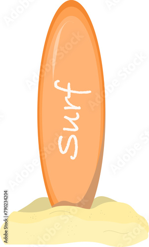 Surfing desk Cartoon summer elements, travel, beach, summertime accessory. Cocktails, ice cream and exotic fruits vector illustration set. Palm and serfing board. Umbrella and sunglasses
