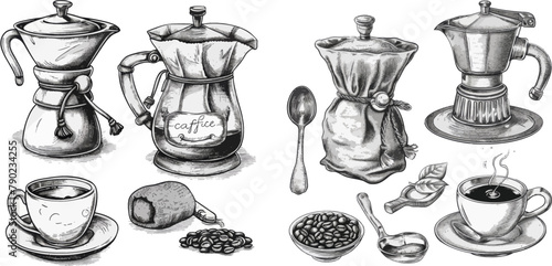 Coffee mill, kettle, sack with roasted beans, cezve. Latte and espresso cup hand drawn engraved vintage set for cafe