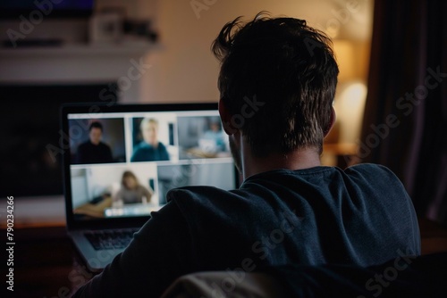 a man doing a video meeting on a laptop, zoom meeting, video conference closeup, business meeting, conference, meeting 