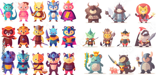 Cartoon funny superhero fantasy game characters in armor weapon