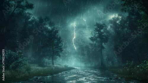 A lightning bolt illuminating a dark forest at night  the trees stark against the sudden bright light and the thunder echoing through the woods