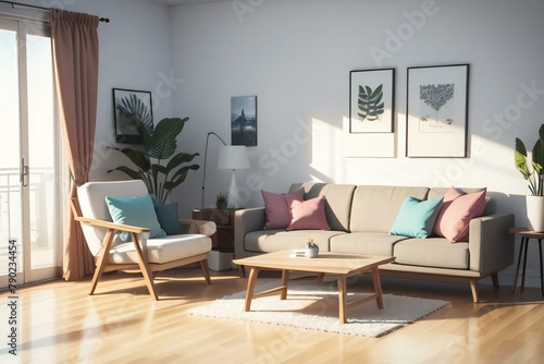 Modern living room with stylish furniture, plants, and framed artwork on the walls, bathed in natural sunlight.