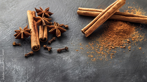 Cinnamon sticks and star anise on dark textured surface.
