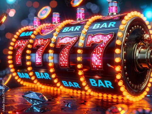 Classic 3D slot machine with lucky sevens and diamonds, emitting bright lights in a nostalgic casino setting
