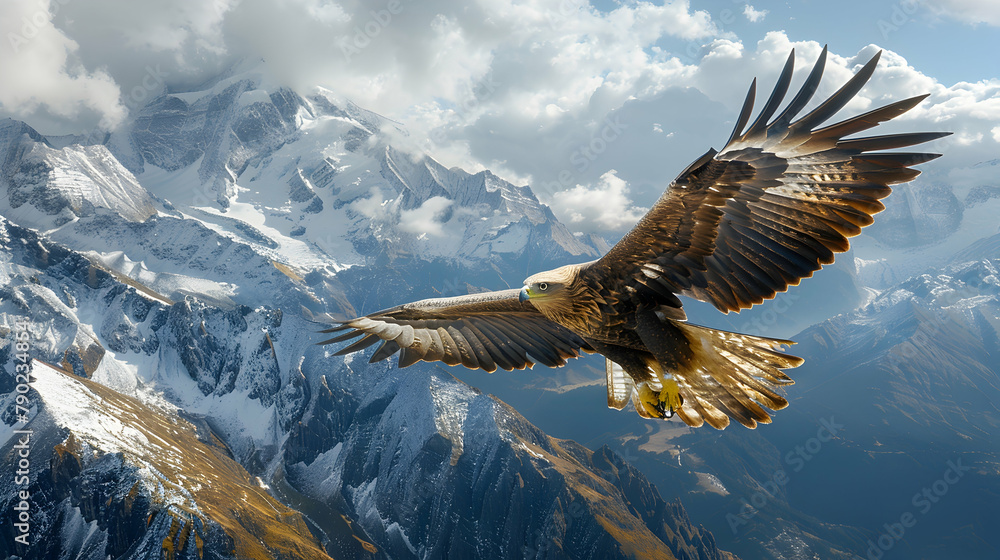 A majestic eagle soaring over a mountain range, its wings spread wide against the backdrop of snow-capped peaks