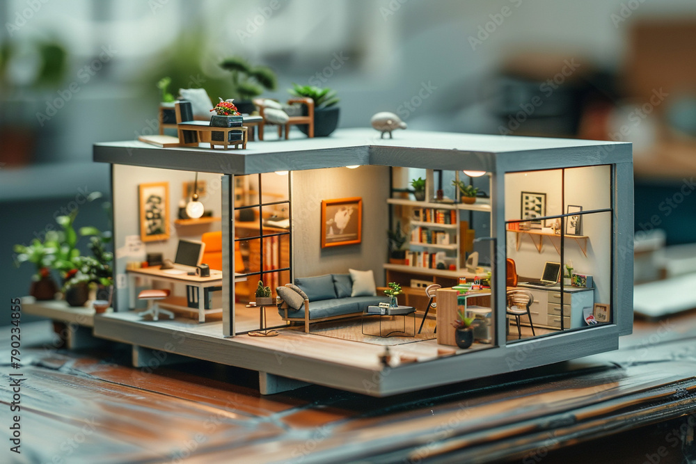 Miniature modular office layout adaptable to changing work needs.