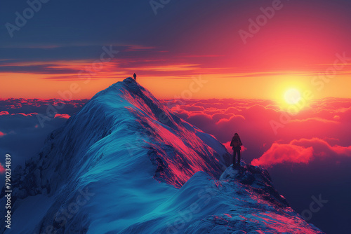 Vibrant minimalistic fantasy sunrise mountaineering low detail climbing under a clear early morning sky