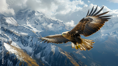 A majestic eagle soaring over a mountain range, its wings spread wide against the backdrop of snow-capped peaks
