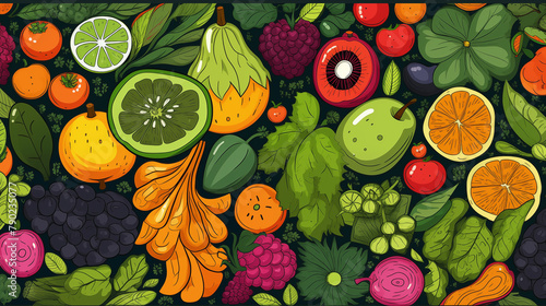 Background of vegetables and fruits and berries. Organic plant products, Illustration.
