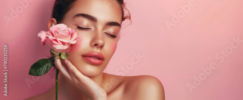 Close up of beautiful woman with perfect face and skin holding rose flower near her lips on pink background, beauty concept