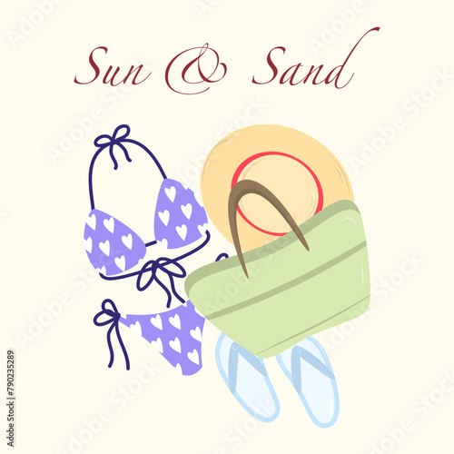 Postcard with Cartoon summer elements, travel, beach, summertime accessory. Swimsuit, slippers, bag and beach hat vector illustration. Palm and serfing board. Umbrella and sunglasses