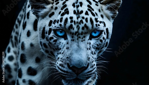 white spotted cheetah with blue eyes against a black background photo